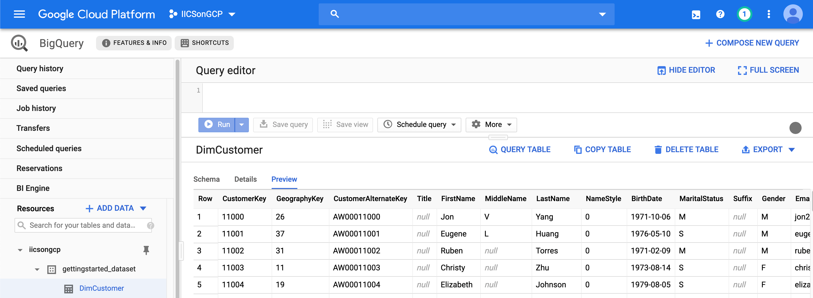 The Google BigQuery dataset details show that the new target table has been created. 
			 