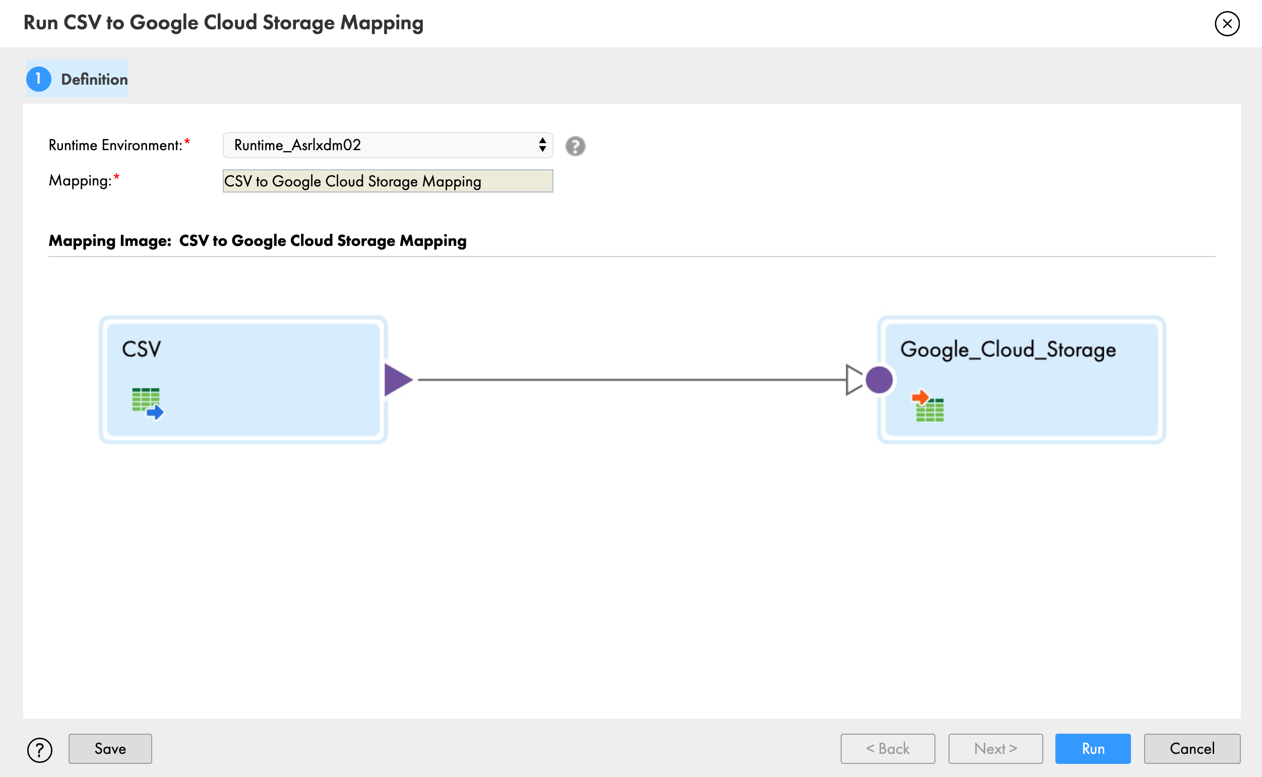 When you run the mapping, the Run dialog box appears. The Runtime Environment field appears at the top of the dialog box. The Run button appears in the bottom right corner between the Next and Cancel buttons. 
				  