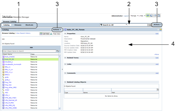 The Browse tab includes the following components: Catalog, Glossary, and Shortcut views; Search section; Actions menus; and Details panel. 
		  