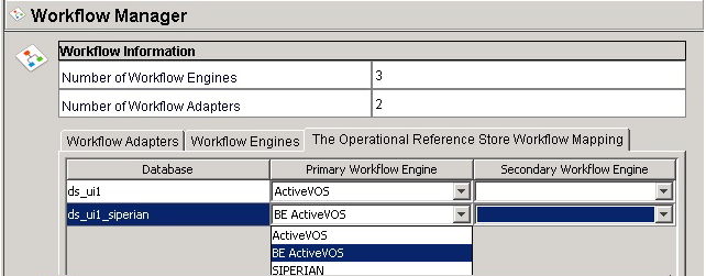 A screenshot showing the ActiveVOS workflow adapter based on composite objects selected as the primary workflow for the ds_ui1_siperian ORS. 
			 