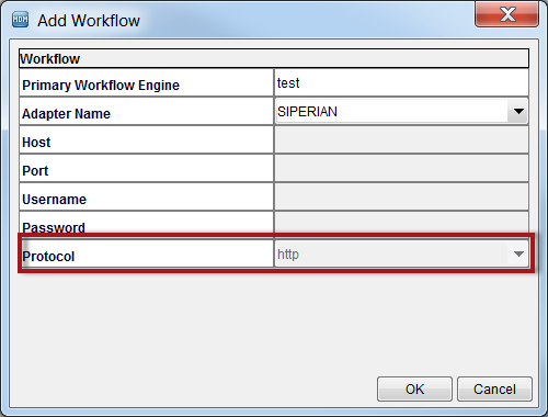 A screenshot showing the protocol parameter in the Add Workflow dialog box
			 