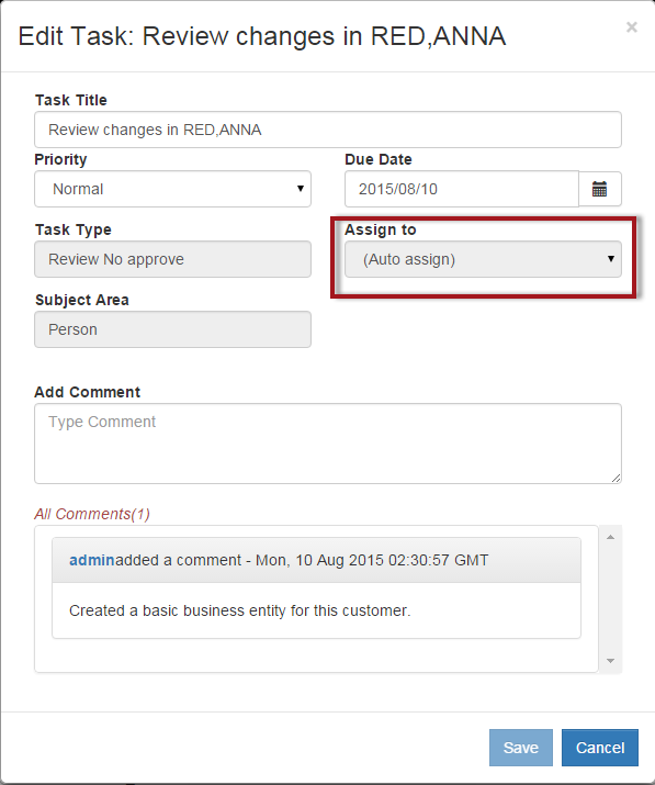 A screenshot showing the automatic task assignment option in the Edit Task dialog box 
			 