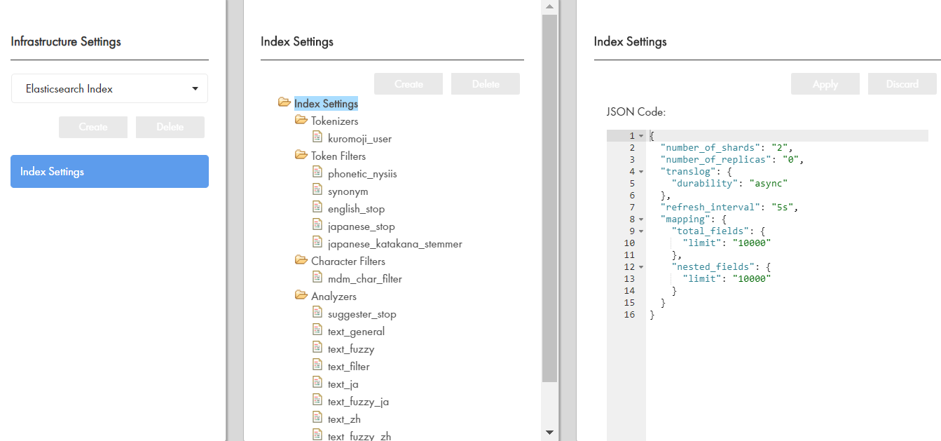 A imagem a seguir mostra a exibição em árvore com os nós padrão e o código JSON padrão para o nó Configurações de Índice. 
		  