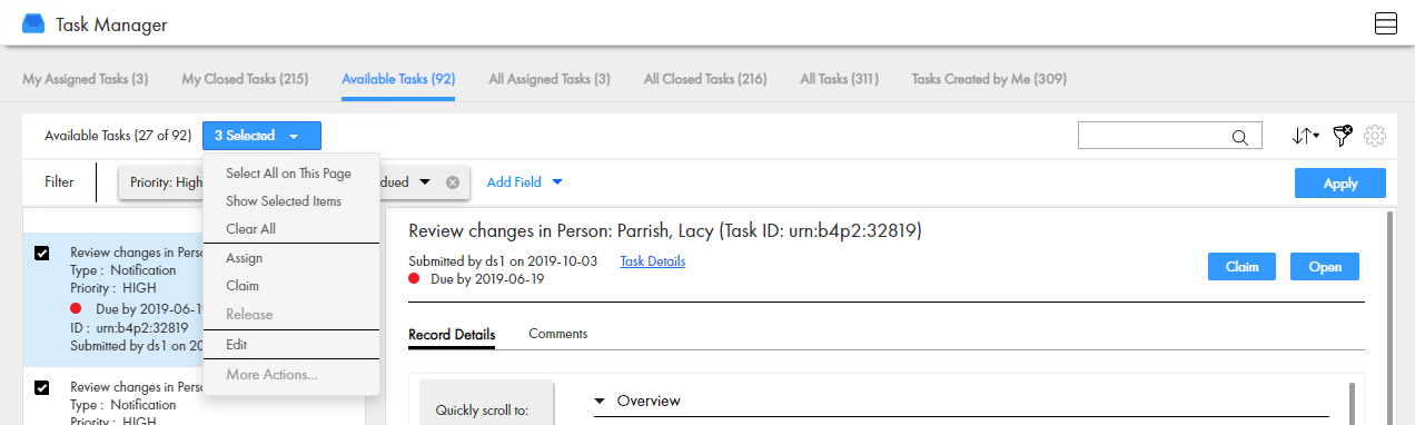 The Task Manager display shows some unassigned tasks and the list of actions to select and update the tasks. Actions include Claim, Release, and Assign. 
		  