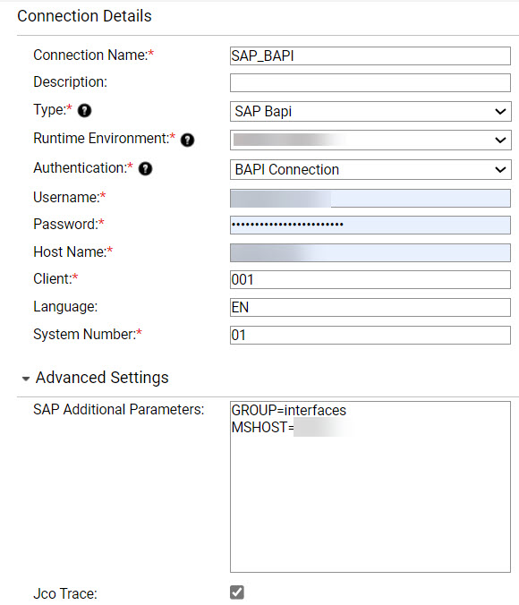 The configured SAP BAPI connection properties.
					 