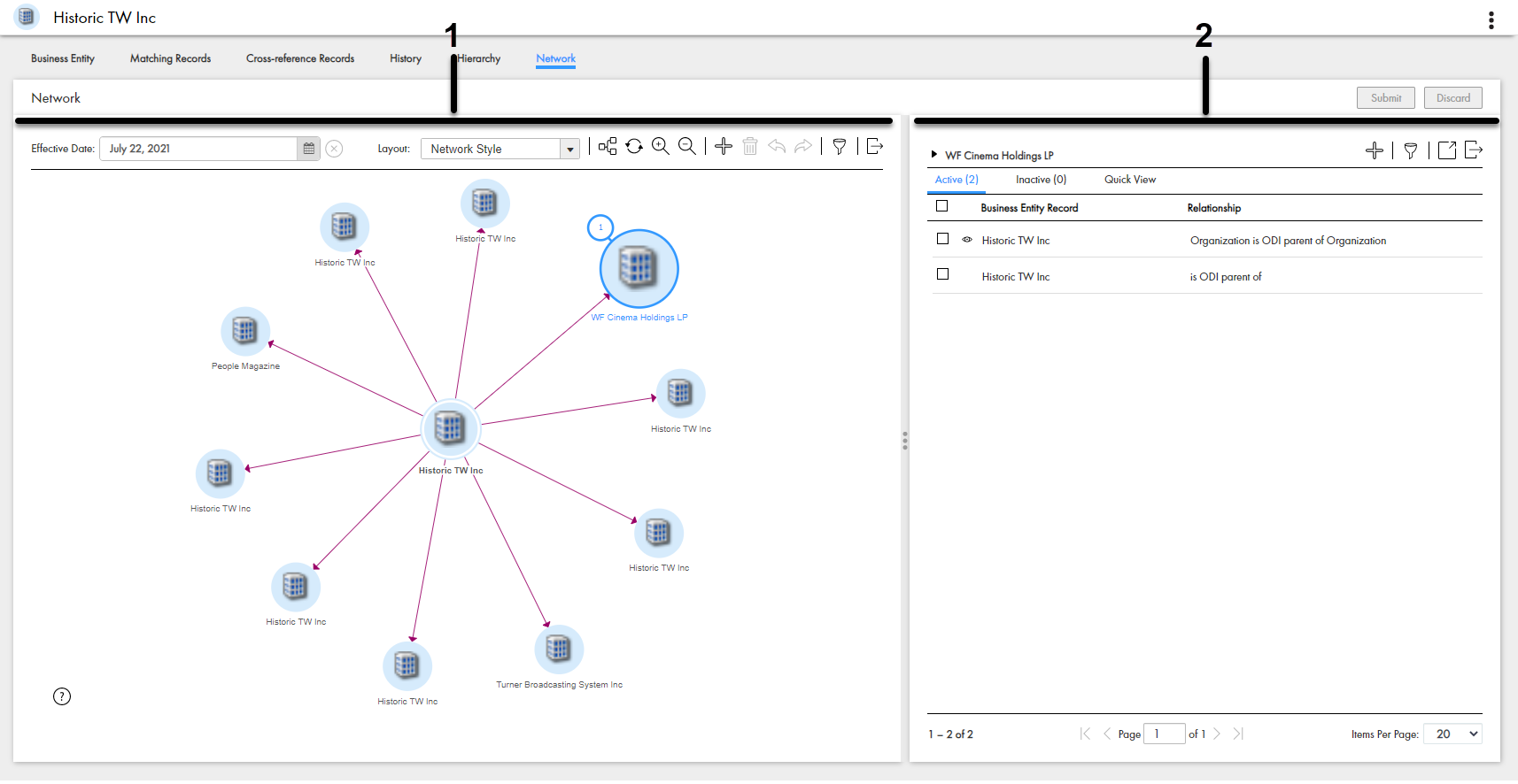 Shows the Hierarchy panel and Relationship panel of the Network view. 
		