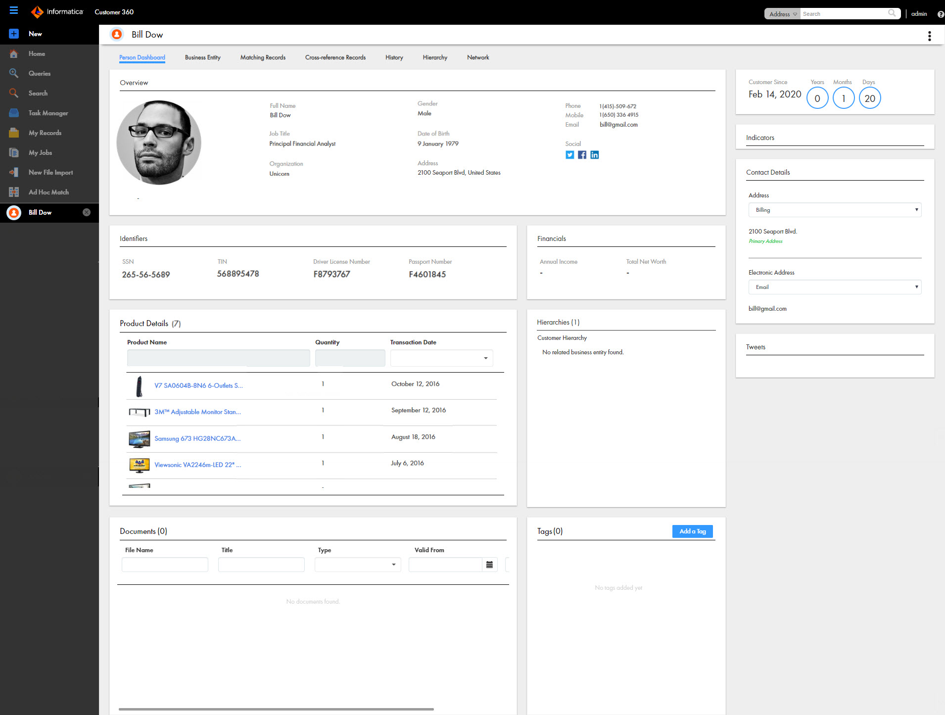 Dashboard view of a person customer displaying the customer data. 
		  