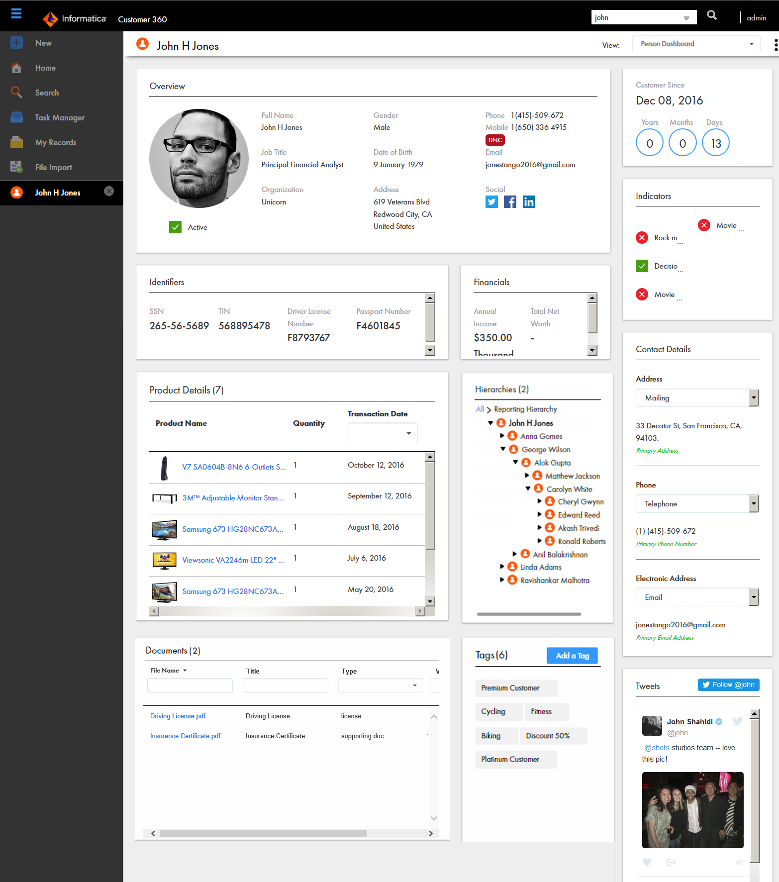 Dashboard view of a person customer displaying the customer data