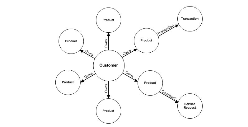 The image shows how the customer record is related to other records, such as Product, Service Request, and Transaction. 
		  