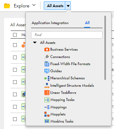The All tab of the All Assets list is selected. A list of assets from all Informatica Intelligent Cloud Services is visible. 
			 