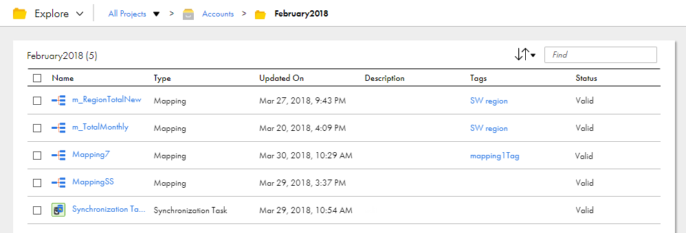 The image shows that the same mappings and synchronization task that were in the spreadsheet are displayed on the Explore page. 
				