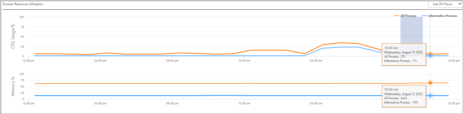 The Domain Resource Utilization graph shows the CPU usage and memory statistics of a domain for the last 24 hours. 
					 