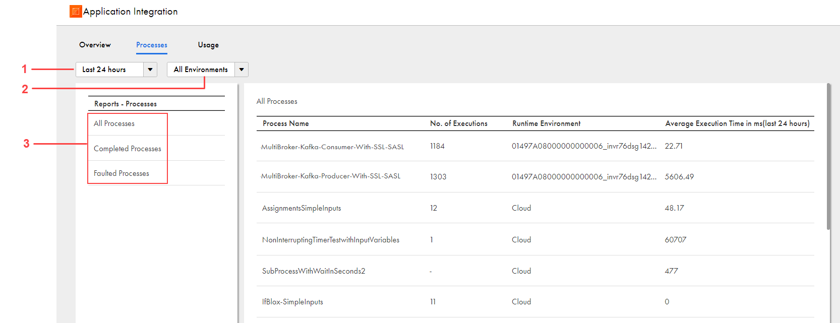 The Processes page shows reports about the status and details of processes that were run in your organization for a selected time period and runtime environment or runtime environment category. 
		  