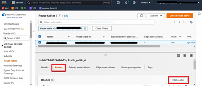 The image shows the Route tables page. 
				