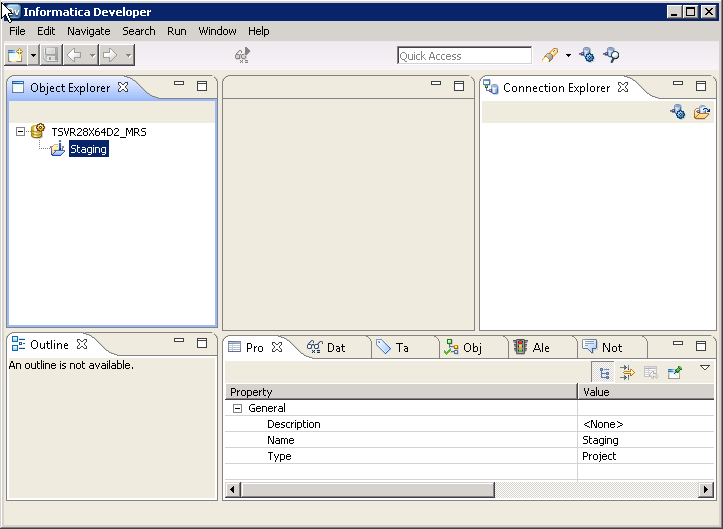 La vista del explorador de objetos muestra el servicio de repositorio de modelos llamado TSVR28X64D2_MRS que contiene un proyecto llamado Transferencia a tabla provisional. 
				  
