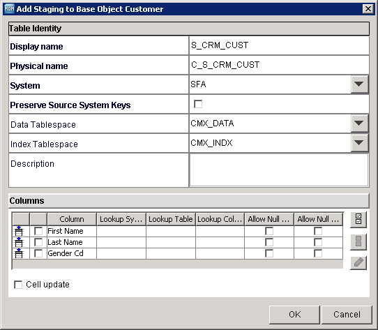 The Add Staging to Base Object Customer dialog box with the Display Name field set to S_CRM_CUST. 
				  