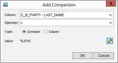 The Add Comparison dialog box contains the following condition: the column is C_B_PARTY - LAST_NAME, the operator is an equal sign, the type is Constant, and the value is %JO%. 
				