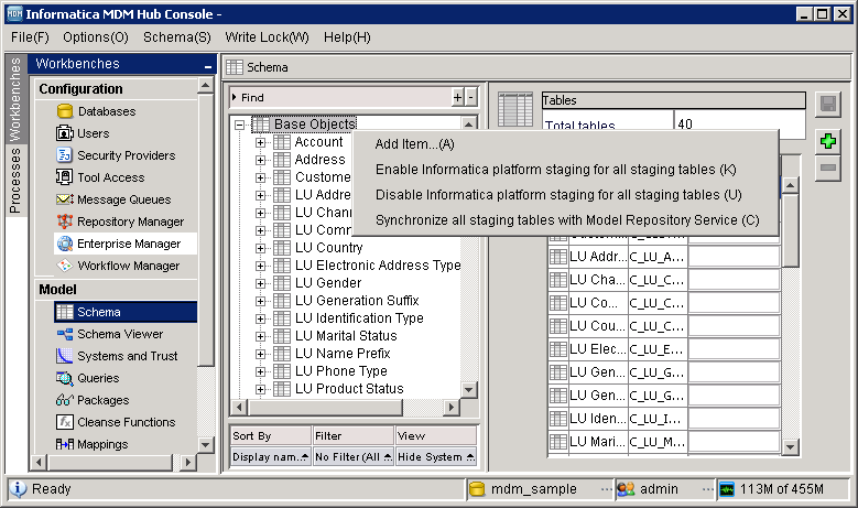 The Schema tool showing the option, Disable Informatica platform staging for all staging tables that appears in the Schema tool.
				  