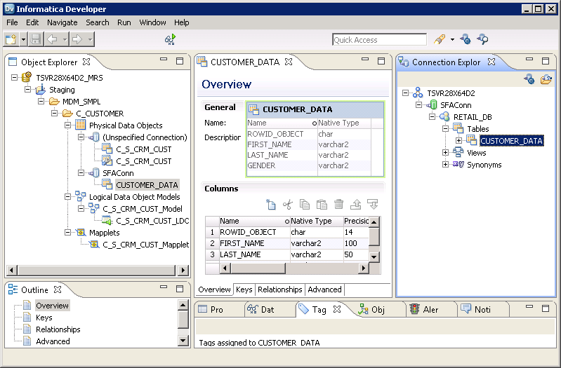 La herramienta del desarrollador con el objeto CUSTOMER_DATA que tiene la conexión SFAConn en la vista del explorador de objetos y que se abre en el editor. 
				  