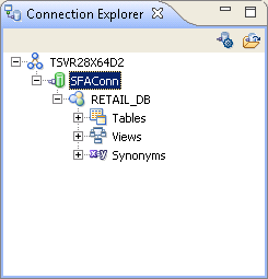 La vista del explorador de conexiones con una conexión de base de datos activa, SFAConn. 
				  