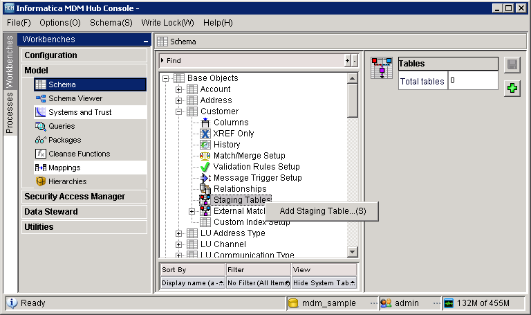 The Schema tool shows the Add Staging Table option to add a staging table to the Customer base object. 
				  