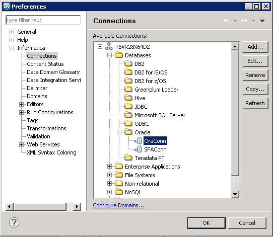 The Preferences dialog box showing the OraConn connection in the Connections pane. 
				  