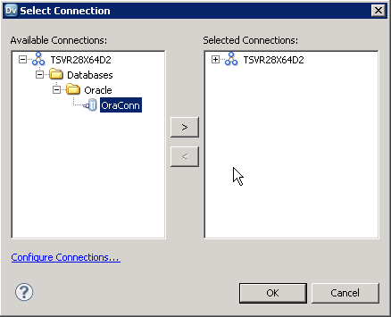 The Select Connection dialog box with the OraConn connection in the Available Connections section.
				  