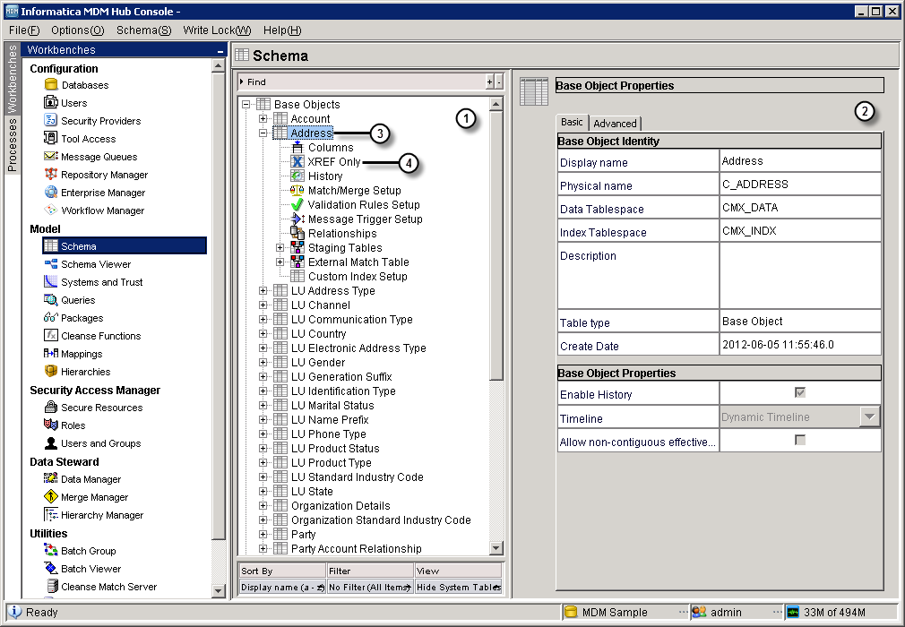 The MDM Hub Console contains two panes. The Navigation pane is on the left side of the MDM Hub Console. The Schema Manager is open in the Navigation pane and displays the navigation tree. The navigation tree displays parent nodes and child nodes. Child nodes appear below the parent nodes. The Properties pane is on the right side of the MDM Hub Console interface and displays basic and advanced object properties tabs. 
		  