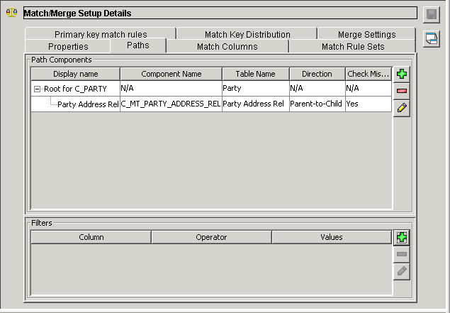 The Paths tab of the Match/Merge Setup Details page shows the Root for C_Party match path component and the Party Address Rel match path component. 
						