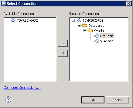 The Select Connection dialog box with the OraConn connection in the Selected Connections section.
				  