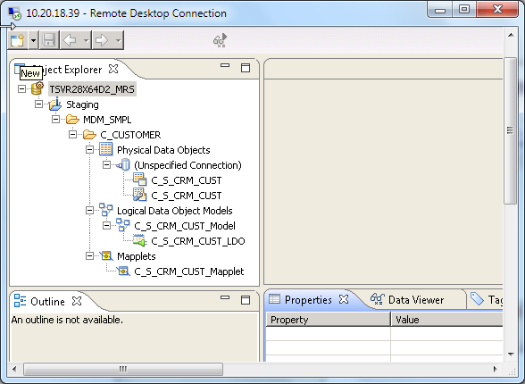 The Object Explorer view with the Staging project, which contains physical data objects, logical data objects, and a mapplet. 
				  