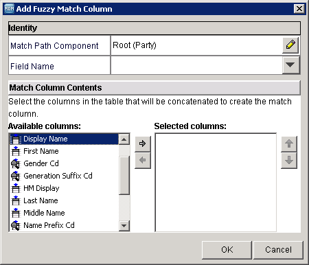 The Add Fuzzy Match Column dialog box shows the Party base object as a match path component. 
						
