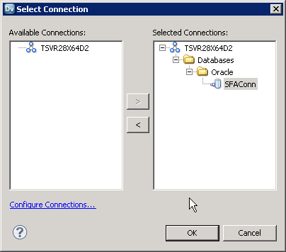 The Select Connection dialog box with the SFAConn connection in the Selected Connections section.
				  