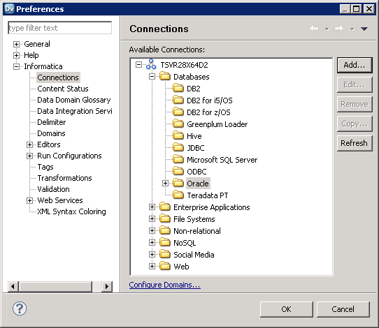 The Preferences dialog box with the Databases expanded in the Available Connections list in the Connections pane. 
					 