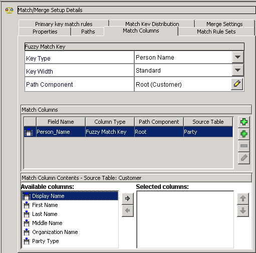 The Match/Merge Setup Details page with the Person Name fuzzy match key configured. The key type is set to Person Name. The key width is set to Standard. The Path Component is set to Root (Party). 
						