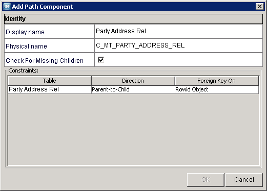 The Add Path Component dialog box shows the Display Name field with the value Party Address Rel and the Physical Name field with the value, C_MT_PARTY_ADDRESS_REL. 
						