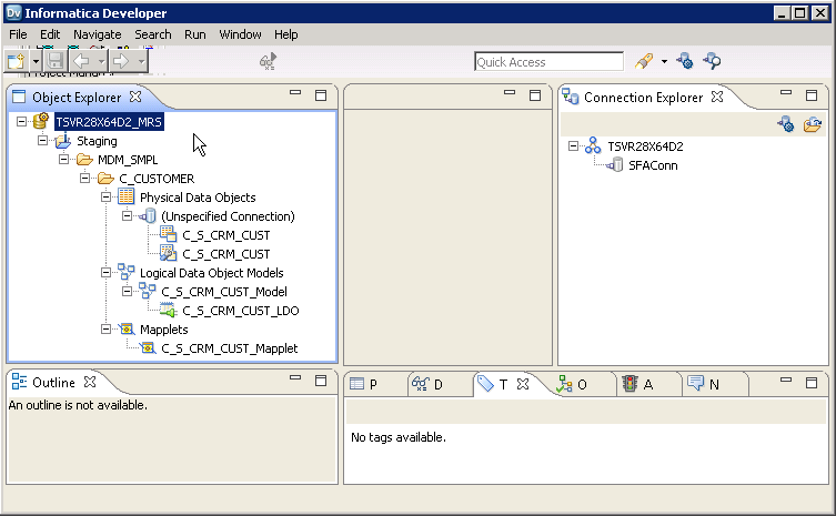 The Developer tool with the SFAConn connection in the Connection Explorer.
				  