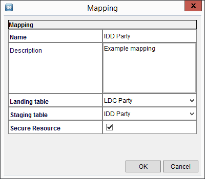 The sample mapping is called IDD Party. The mapping has a landing table called LDG Party and a staging table called IDD Party. 
				