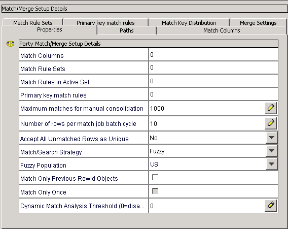 The Properties tab of the Match/Merge Setup Details page shows the match and merge properties.
				  