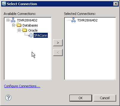 The Select Connection dialog box with the SFAConn connection in the Available Connections section.
				  