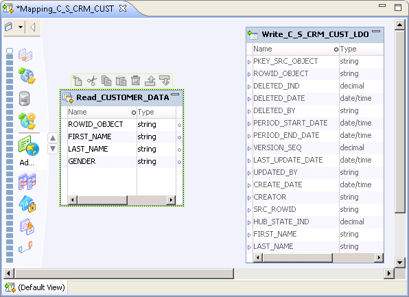 The Mapping_C_S_CRM_CUST mapping with a physical data object and a logical data object. 
						