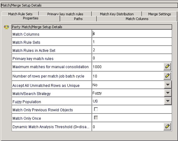 The Properties tab of the Match/Merge Setup Details page shows the match and merge properties. 
				  