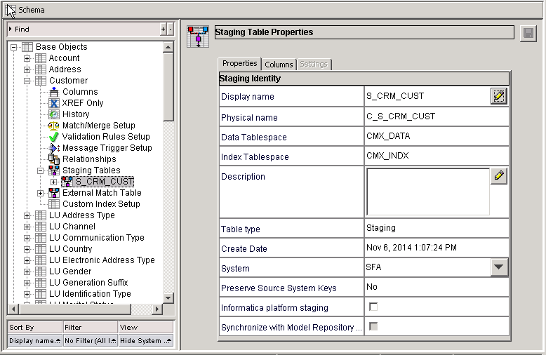 La herramienta Esquema muestra la tabla de transferencia provisional S_CRM_CUST en el árbol de navegación. 
				  