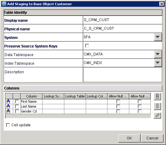 El cuadro de diálogo Añadir transferencia a tabla provisional al objeto base Cliente con el campo Nombre para mostrar el campo establecido como S_CRM_CUST. 
				  