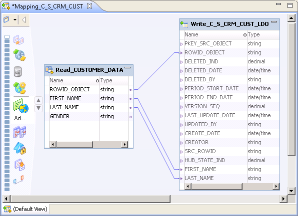 실제 데이터 개체 및 논리적 데이터 개체 간의 링크가 있는 Mapping_C_S_CRM_CUST 매핑입니다. 
				  