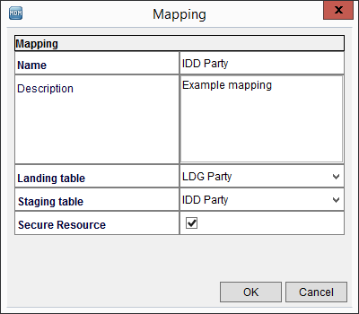 샘플 매핑은 IDD Party라고 합니다. 매핑에는 LDG Party라는 랜딩 테이블과 IDD Party라는 준비 테이블이 있습니다. 
				