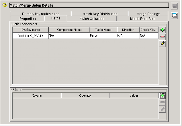 The Paths tab of the Match/Merge Setup Details page shows the Root for C_Party match path component. 
						