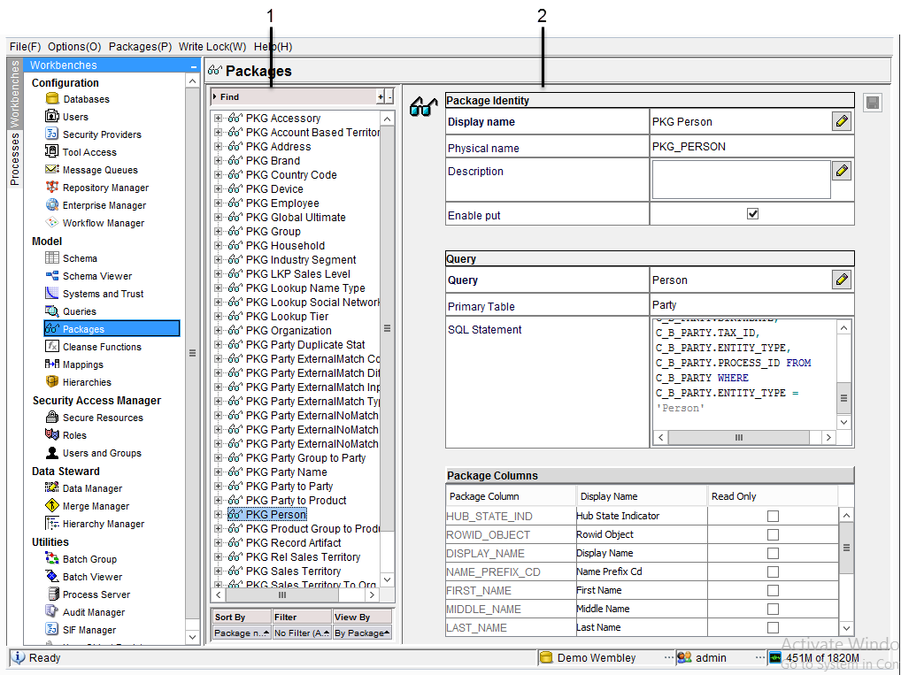 The Person package is selected and its properties show in the Properties pane. 