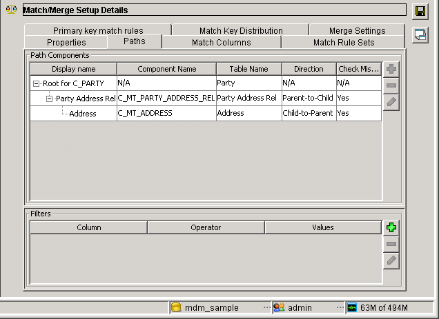 The Paths tab of the Match/Merge Setup Details page shows the Root for C_Party, Party Address Rel, and Address match path components. 
						