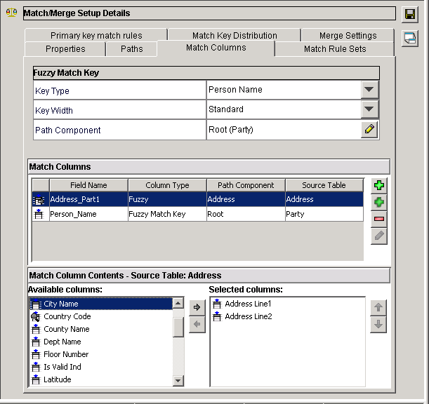 The Match Columns tab with the Person Name, and the Address_Part1 match columns is configured. 
						